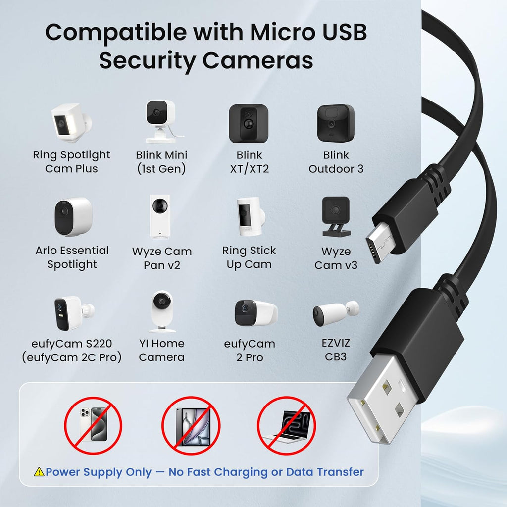 USB to Micro USB Extension Cable 30FT 2Pack,Extra Long Flat Charging Power Extender Cord for Wyze Cam V4/Pan V2/V3,Blink Mini/Xt/Xt2/Outdoor 3,EZVIZ Cb3,Eufycam 2 Pro/2C,25,50,Security Camera