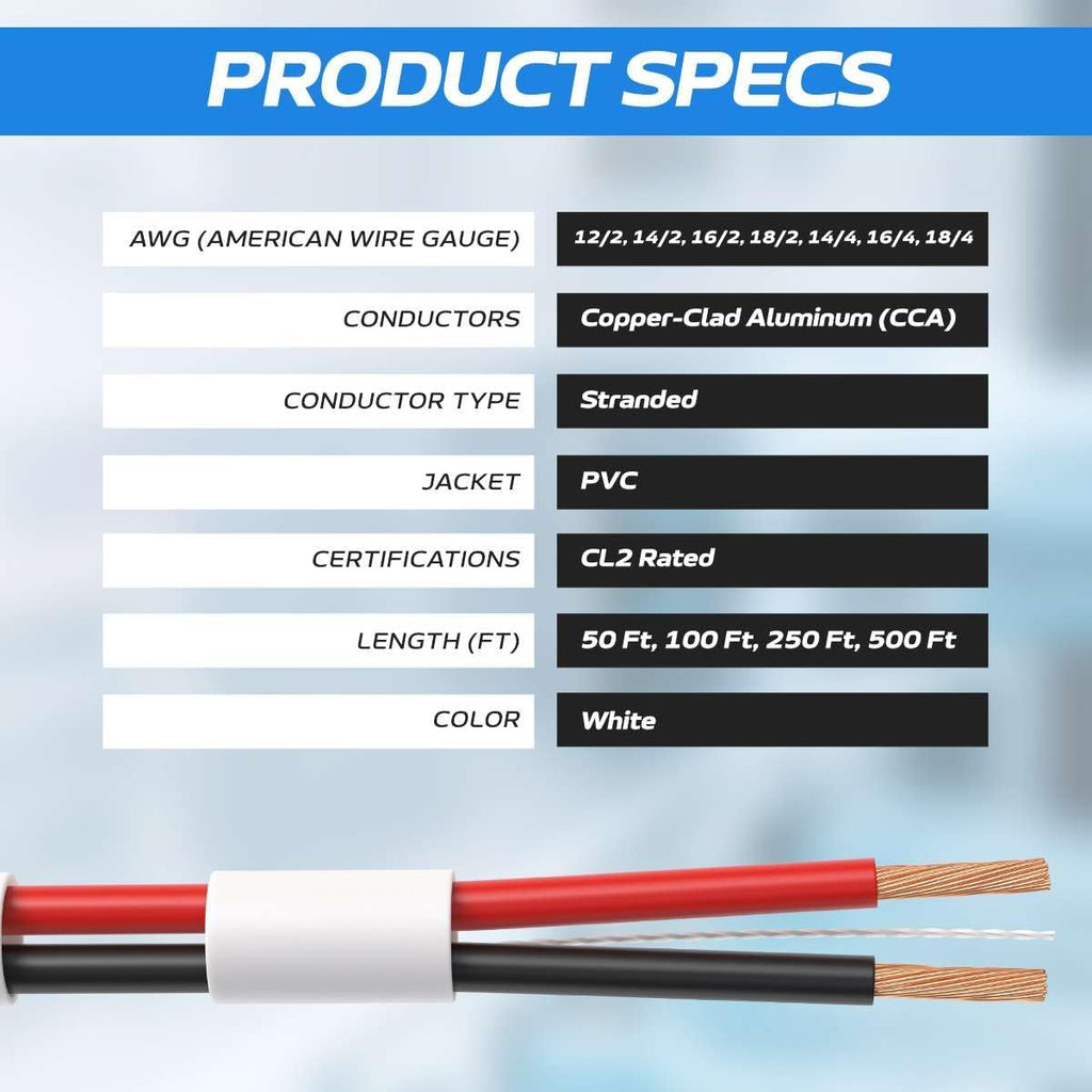 250FT 18/4 Speaker Wire CL2 Rated Indoor Low Voltage Copper Clad Aluminum (CCA) 18 Gauge 4 Conductors Cable with Easy Pull Box – Perfect for In-Wall Installation