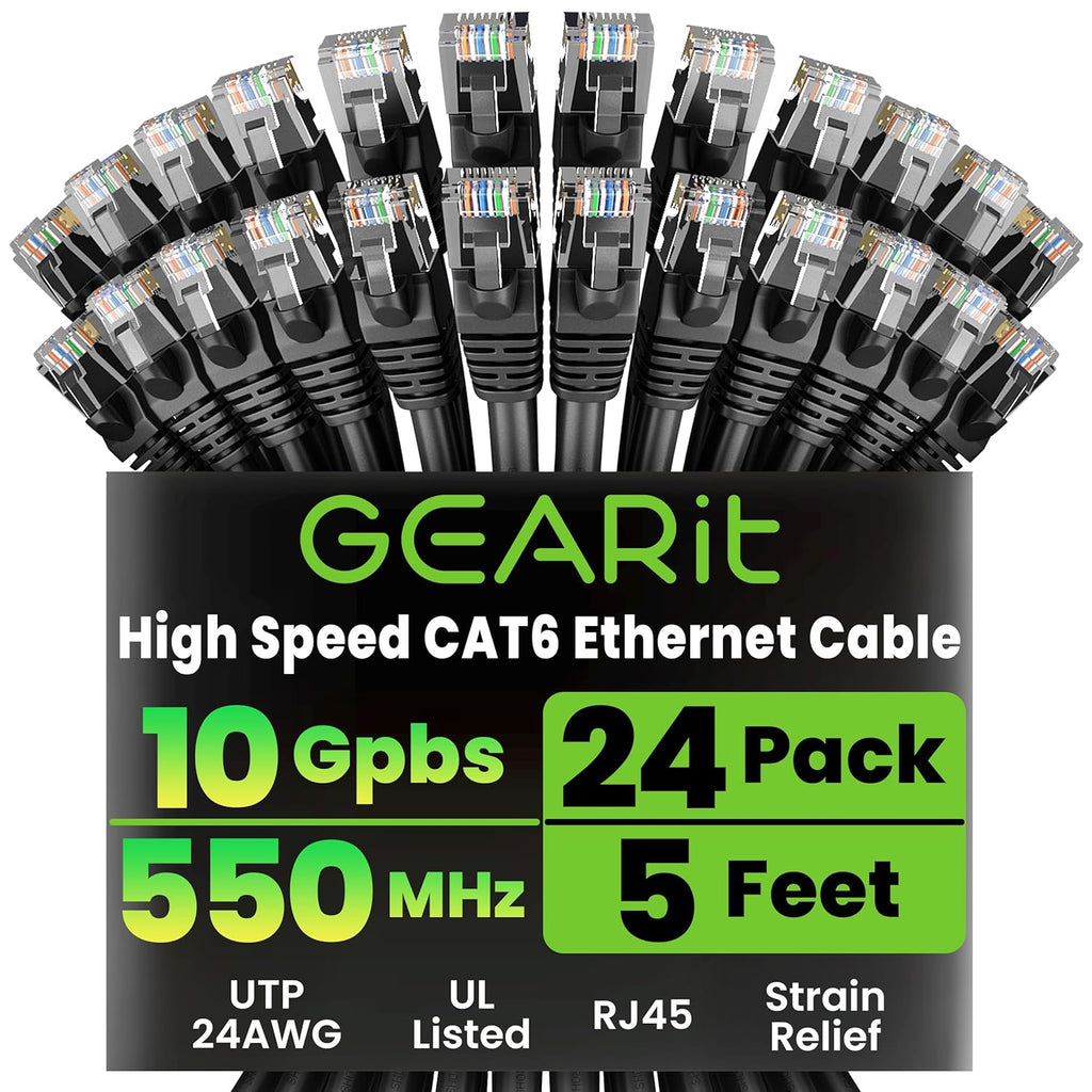 Cat 6 Ethernet Patch Cables 5 Ft Black (Cat 6 Ethernet Cables 5 Ft 24-Pack), CAT6 High Speed 24AWG 10Gbps RJ45 Snagless Gold-Plated, Ethernet Cable for Router, Switch, PC, PS5 Gaming, Server